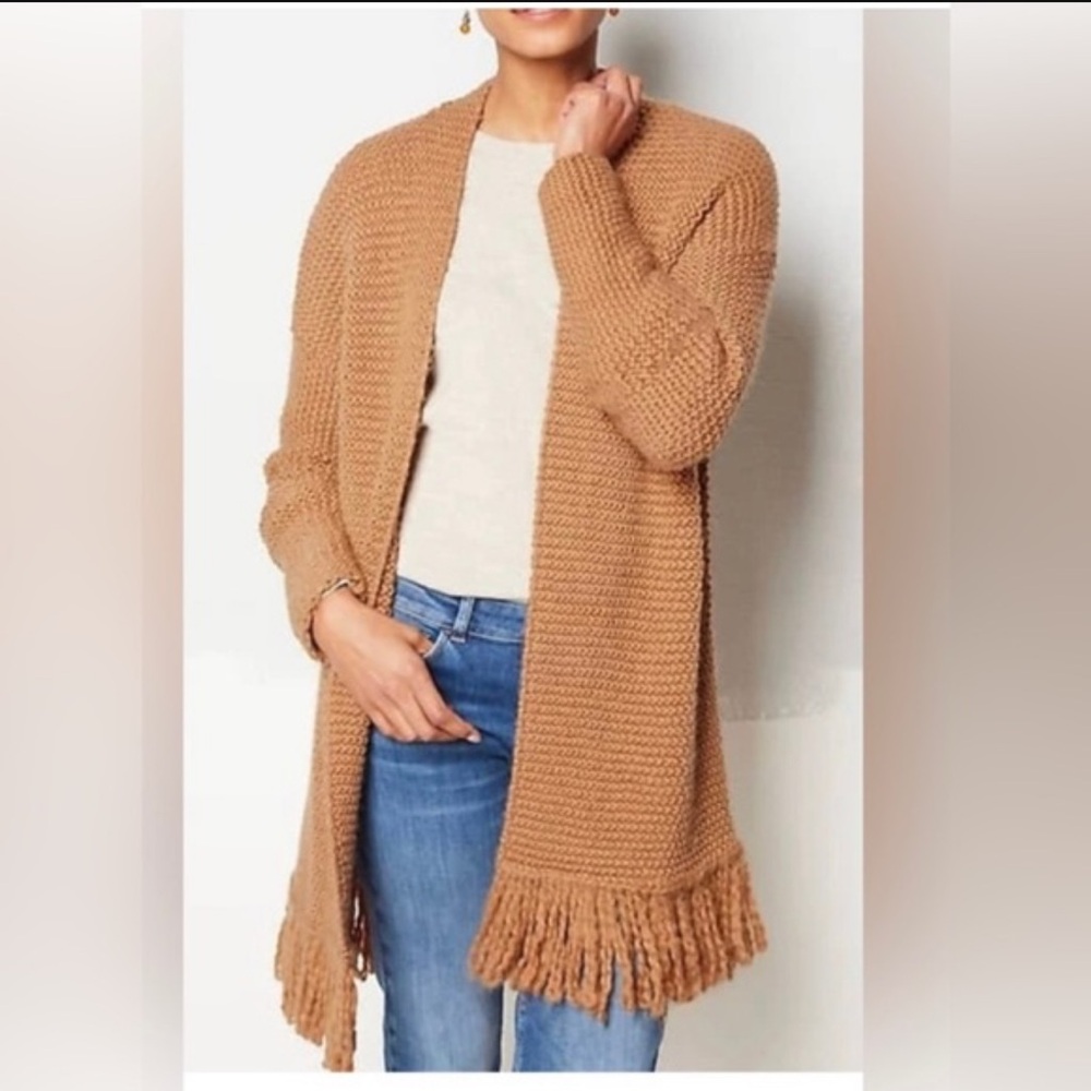 J. Jill Tan Saffron Open Long Line Fringe Detail Dreamer Cardigan Sweater Coat L